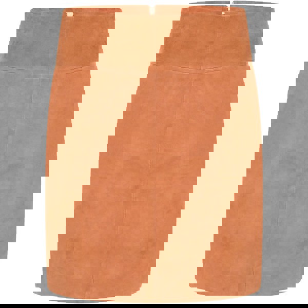 Image displays a tan suede skirt with no pattern or logo.