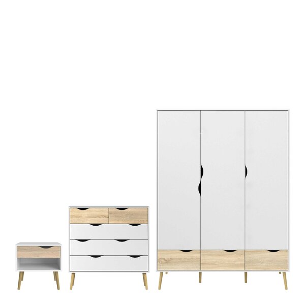 Wyld Haus Sapporo 3 Piece Large Bedroom Furniture Set White and Natural Oak Effect Wood