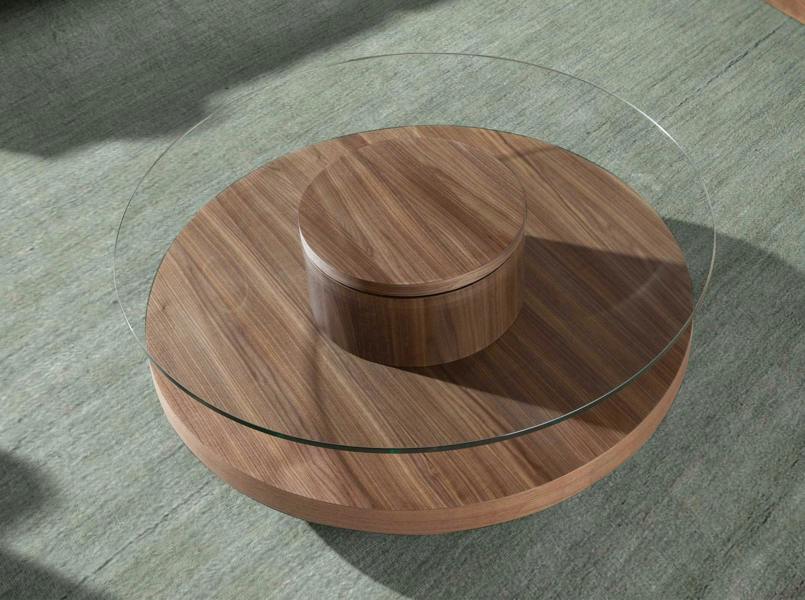 Angel Cerdá Round Tempered Glass and Walnut Coffee Table 2052