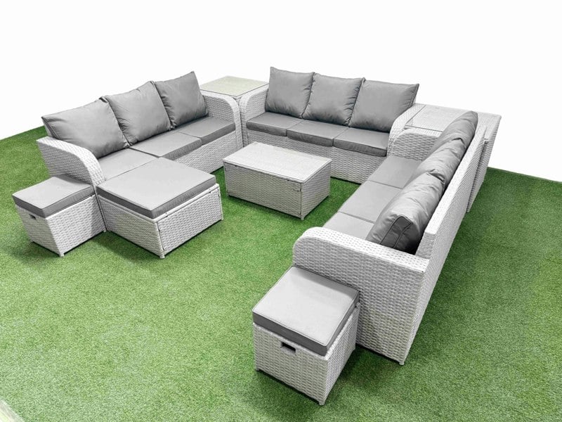 Fimous PE Rattan Lounge Sofa Set 12 Seater Outdoor Garden Furniture Set with Rectangular Coffee Table 3 Seater Sofa 3 Stools 2 Side Table Light Grey