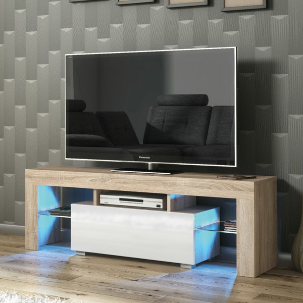 Mex Furniture 130cm TV Unit Cabinet Stand with White High Gloss Doors and Free LED Lights