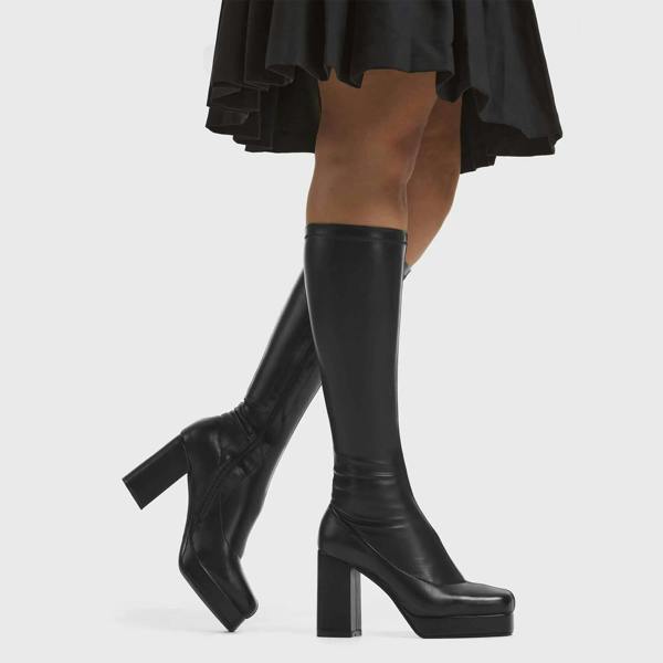 Lamoda Humble Black Stretch PU Platform Knee High Boots Trendy Stylish Women