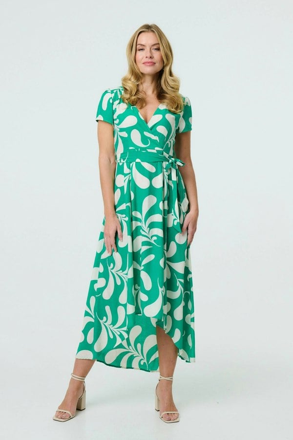 Green | Printed Tie Waist Split Hem Midi Dress : Model is 5'10"/178 cm and wears UK8/EU36/US4/AUS8
