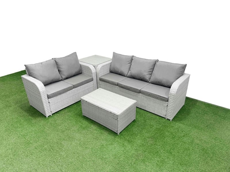 Fimous 5 Seater PE Rattan Wicker Garden Furniture Patio Conservatory Sofa Set with Rectangular Coffee Table 3 Seater Sofa Love Sofa Side Table