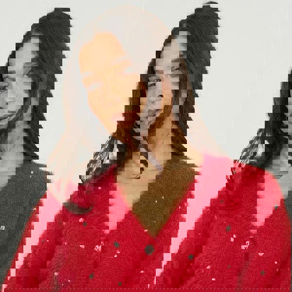 Brave Soul Red Fluffy Knit Cardigan With Jewel Embellishment - Red Image 4