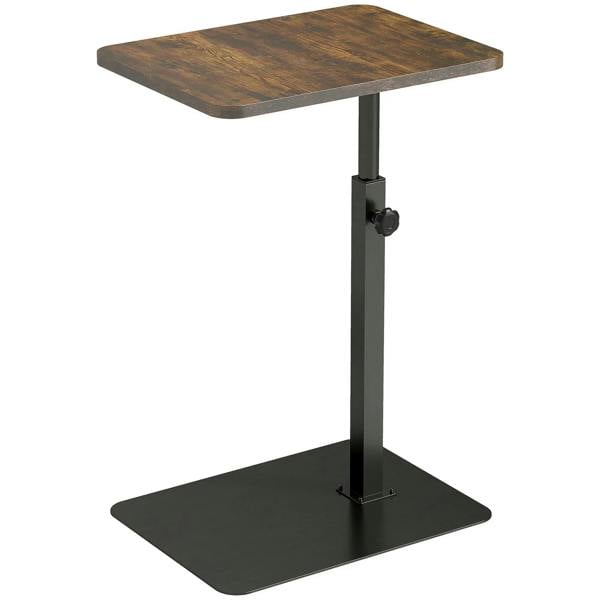 Rustic brown small C-shaped side table with square top and adjustable metal base