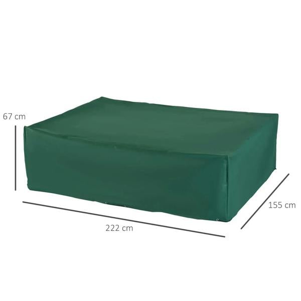 Dark green rectangular outdoor furniture cover with dimensions shown