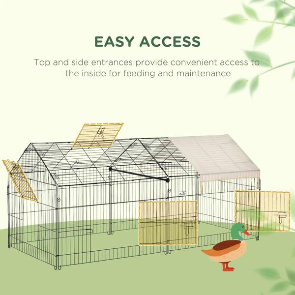 Metal playpen with beige roof cover and front divider gate for easy access
