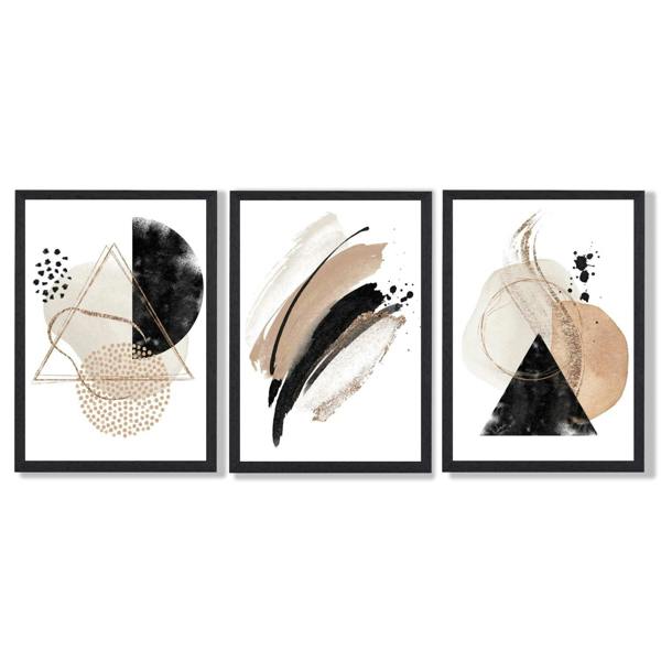 Artze Wall Art Abstract Black Beige Set of 3 Watercolour Shapes Framed Wall Art