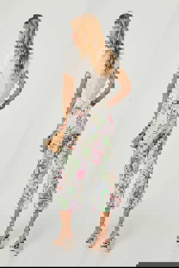 White | Floral Stretchy High Waist Crop Trousers