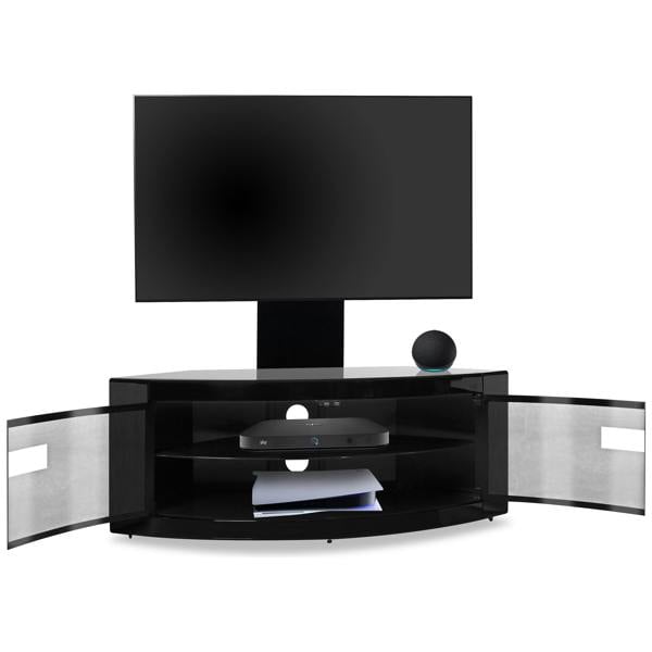 Homeology PANGEA Gloss Black Beam-Thru Curved True-Corner 32"-50" TV Cabinet with Mounting Arm