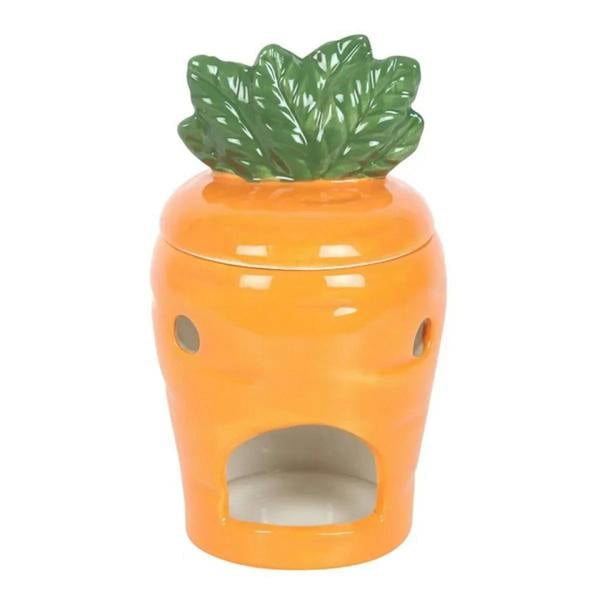 Orange carrot wax warmer with green leaf lid and front melt-warm window