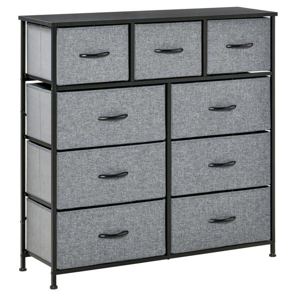 Grey fabric dresser with 9 drawers, black metal frame, and curved black handles