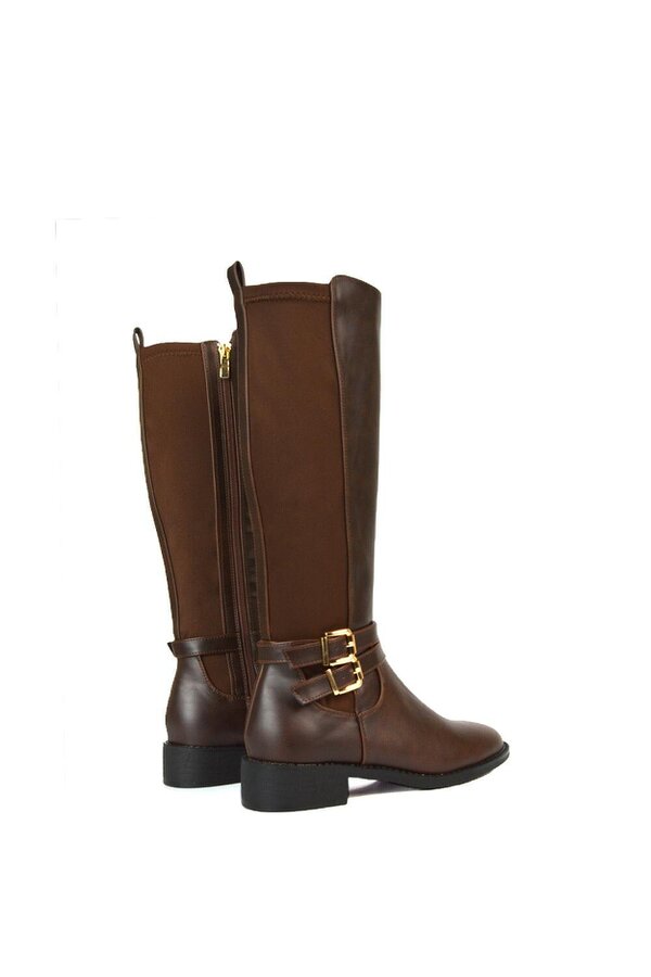 XY LONDON Flat Heel Zip Up Knee High Stretchy Boots With Buckle