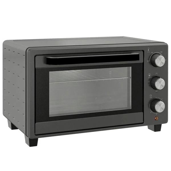Grey mini countertop oven with glass door and three control knobs on the right side