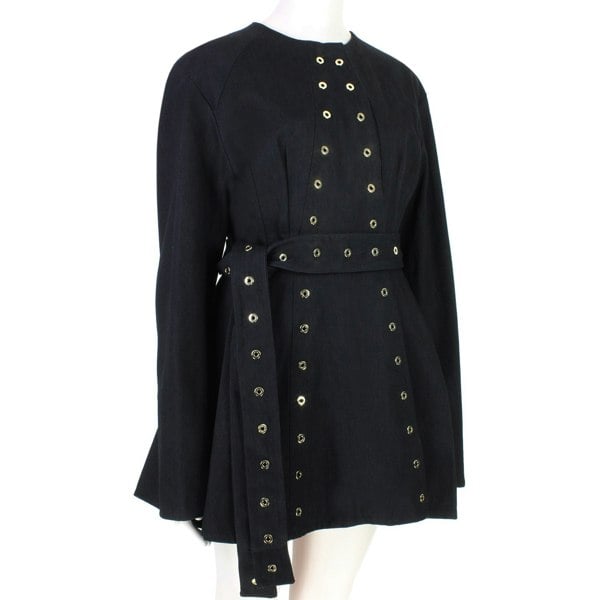 Ellery black cotton twill collarless jacket with eyelet detailing belted waist