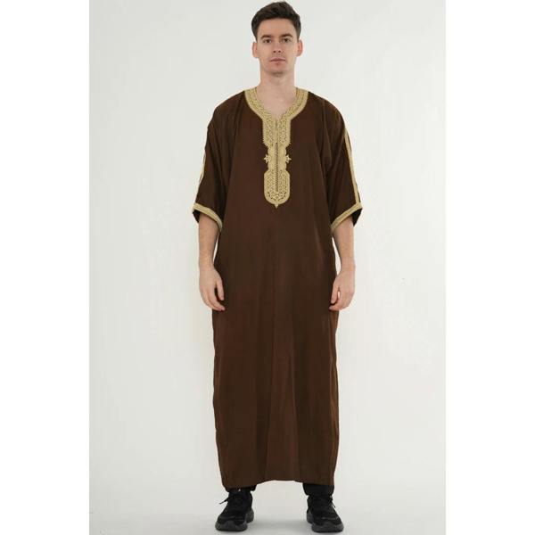 Men's Half Sleeve Embroidery Moroccan Thobe - Brown Beige - Thobez - 17