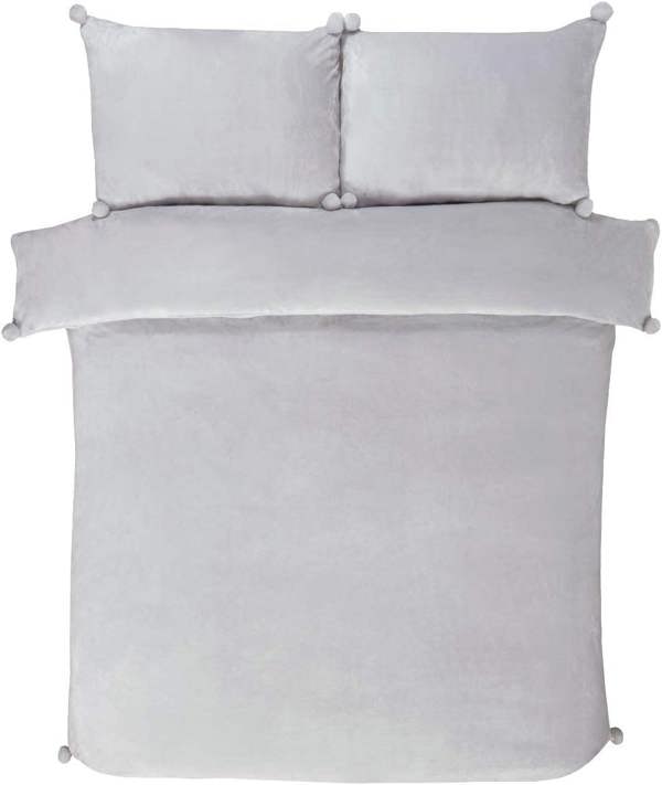 Smart Living Luxurious Pom Pom Fleece Duvet Cover with Pillowcases - Silver