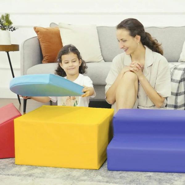 Foam toddler stairs and ramp set with yellow block and blue step pieces