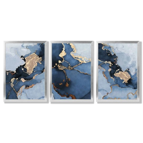 Artze Wall Art Framed Set of 3 Abstract Art Prints of Paintings Navy Blue and Gold