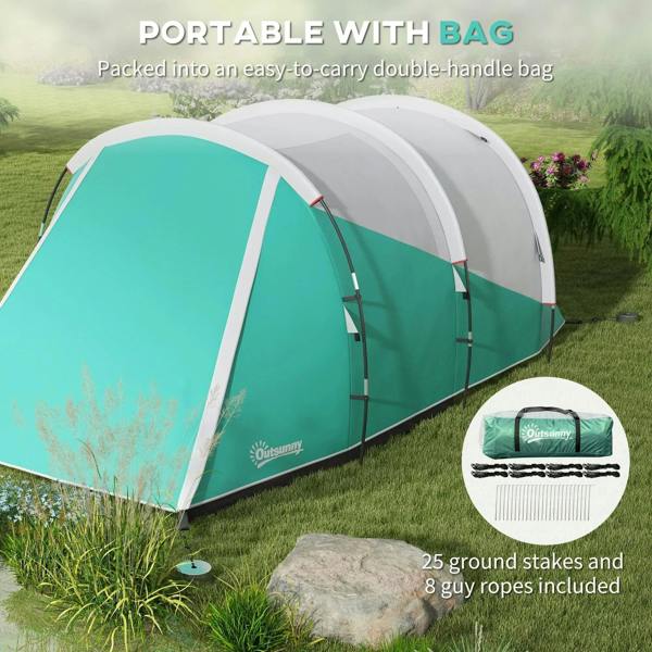 Green two-room tunnel tent shown with carry bag and accessories graphic, gray arched frame