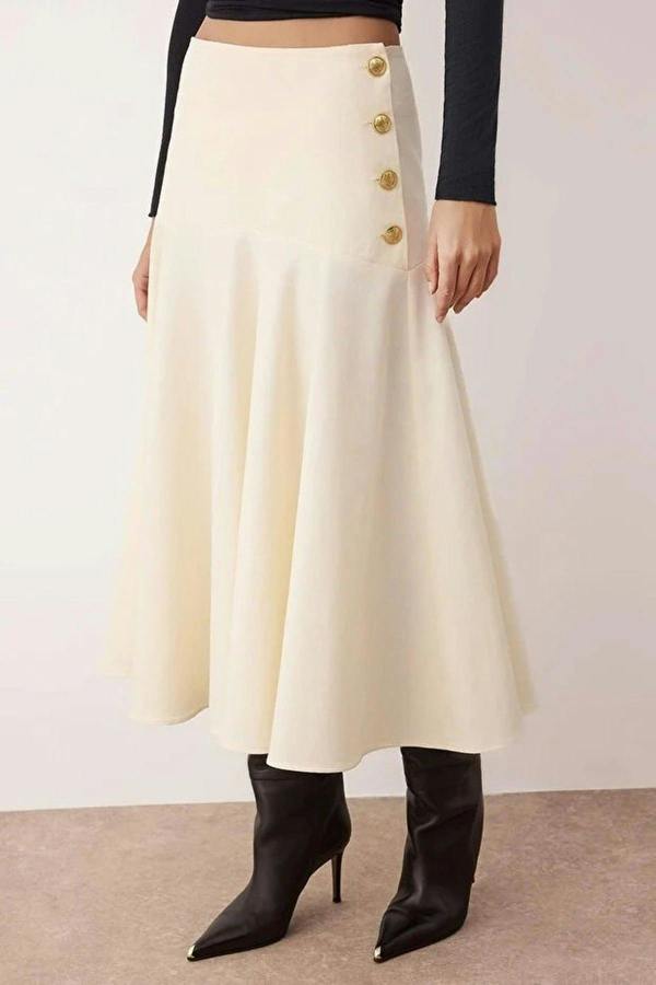 WOVCOR Midi Cotton Flared Skirt with Button Detail