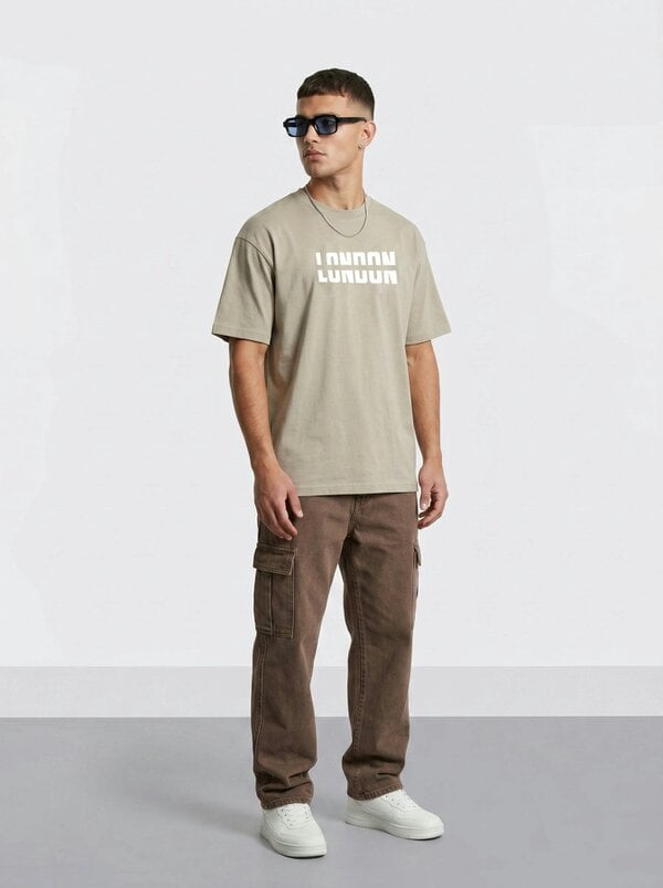 London Attitude Essential Split Graphic Premium Organic Cotton T-Shirt - Stone