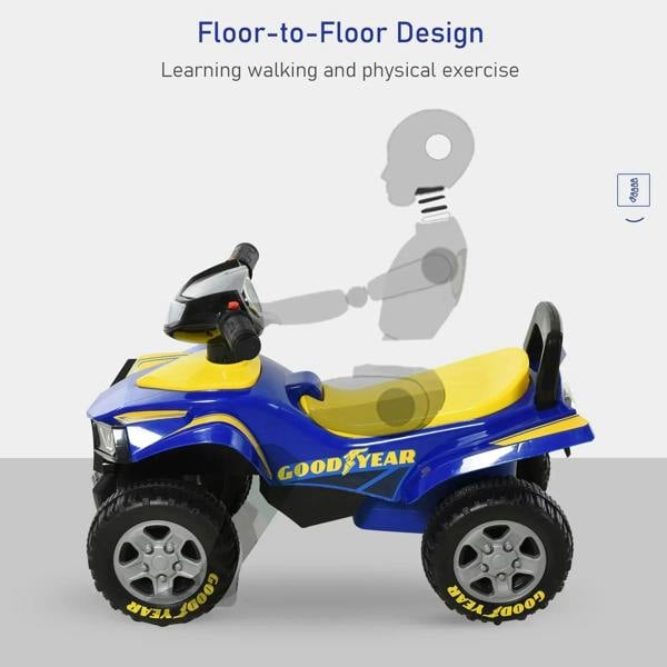 Blue ride-on quad bike with floor-to-floor platform, yellow seat, wide tread wheels