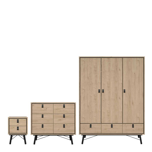 Wyld Haus Juno Natural Oak Wood Furniture Set - Wardrobe 3 Doors and 3 Drawers + Chest 6 Drawers + Bedside Table 2 Drawers