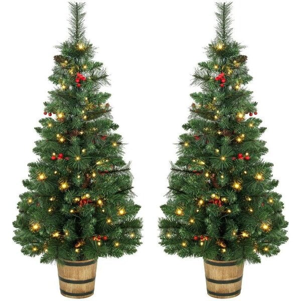 Bobobiy 2 PCs Prelit Christmas Trees with Dual-Colour LEDs, Berry, Pinecones, Battery-Operated, 11 Modes, Pot, Remote, 4ft