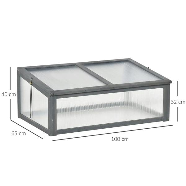 Small grey cold frame greenhouse with clear polycarbonate sides and open tilted cover