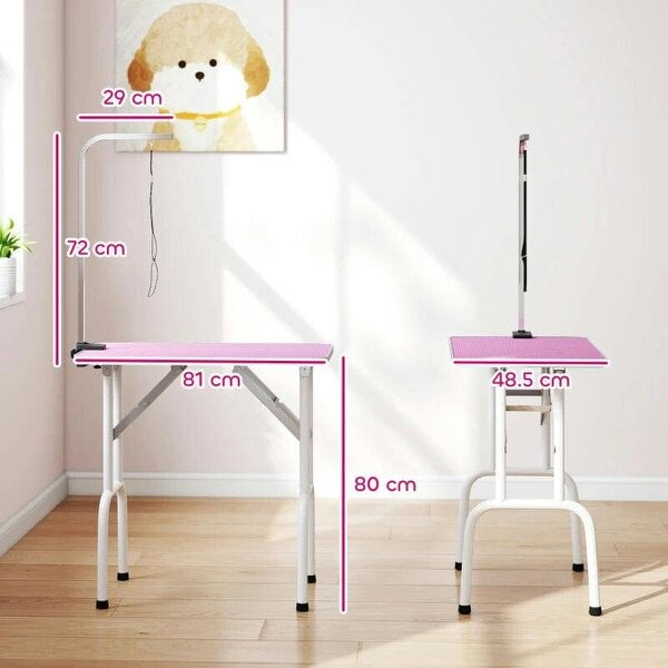 32" Foldable Dog Grooming Table Pet Drying Beauty Table Adjustable Fixed Arm Rubber Top, Pink