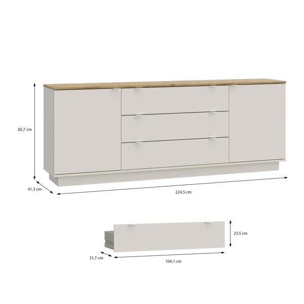 Furniture To Go Ganymede Large Sideboard with 3 Drawers & 2 Doors in Mauvella Oak and Sand