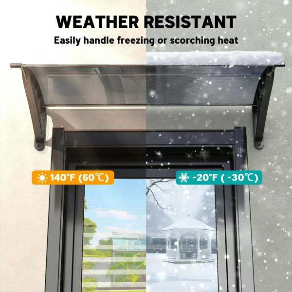 Black weather-resistant door canopy awning with translucent top panel and end brackets