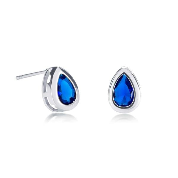 Zavana Silver Blue Bezel Set Stud Earrings with Pear-Shaped Blue Cubic Zirconia Stones