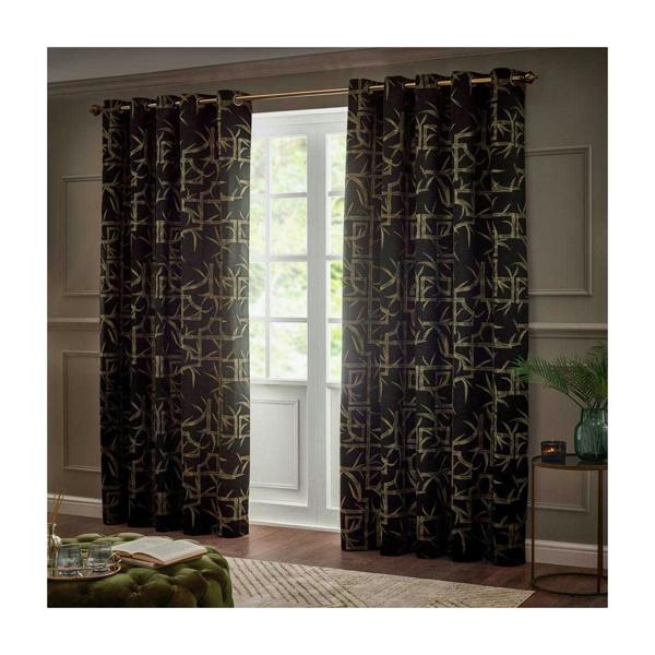 Paoletti Jacquard Bamboo Print Eyelet Curtains - Black - 
