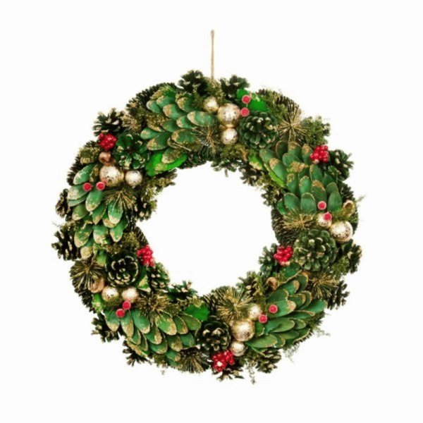Samuel Alexander 36cm Bauble and Pinecone Hanging Christmas Wreath with Red Berries