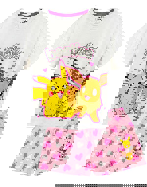 Pokemon Unisex Kids White Pikachu, Eeevee Short Sleeve Short Leg Pyjama Set