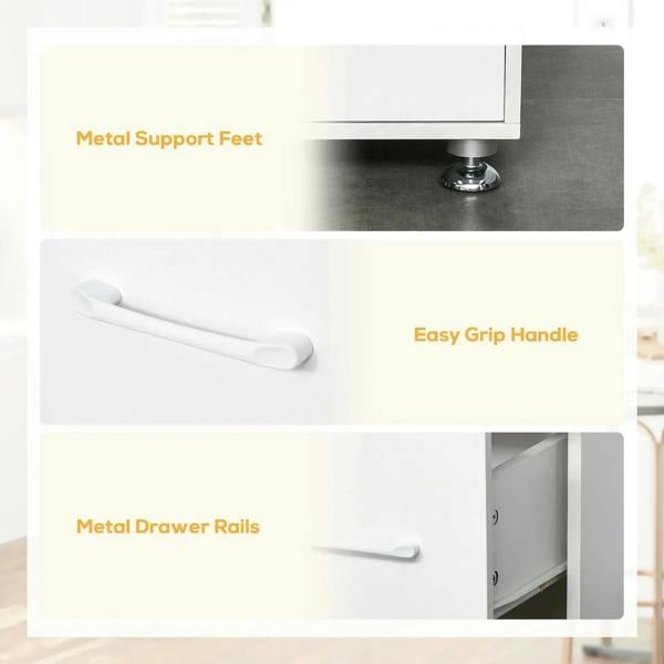 White cabinet close-up hardware: metal feet, easy-grip handles, and drawer rails