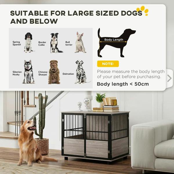 Dog crate end table for large dogs with dark metal bars and brown wood-look side panels