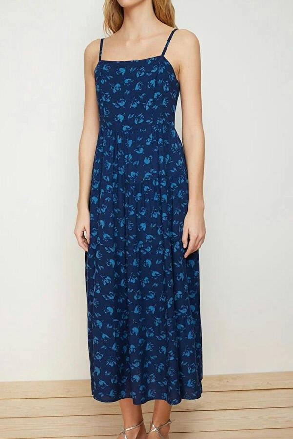 WOVCOR A-line Floral Patterned Strappy Midi Woven Dress