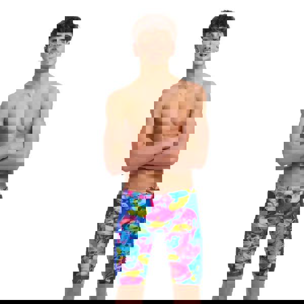 Colorful boys sting stung tie-dye swim trunks in vibrant blue, yellow, pink, green