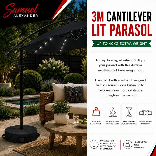Samuel Alexander 3m Solar Powered Cantilever Lit Banana Garden Parasol with Crank Handle & White LED Lights in Black with Base Bag Included