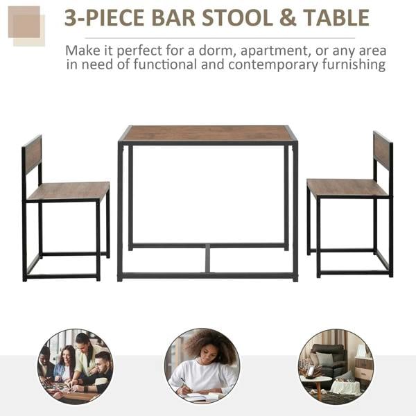 Bar-height table with two stools, black metal frame and natural wood-look tops