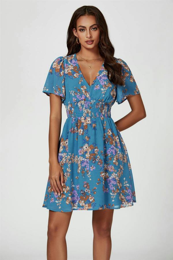 FS Collection Floral Print Short Sleeve Mini Dress In Blue