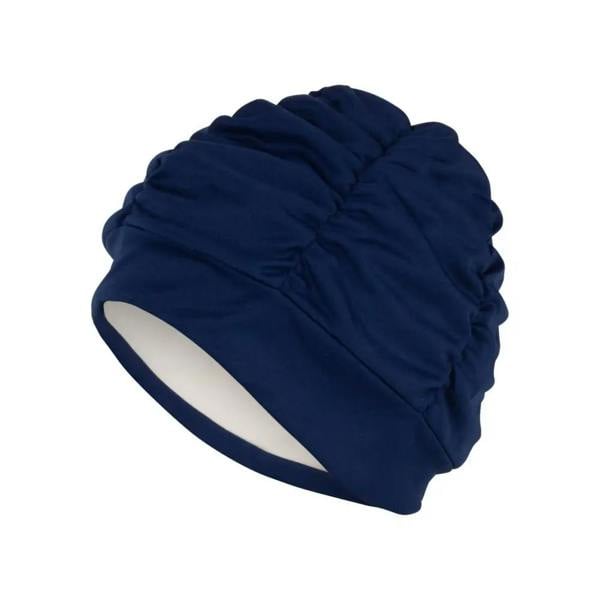 Navy blue Fashy pleated fabric swim cap with white lining and textured design