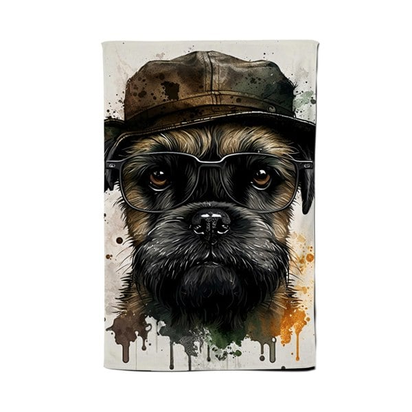 Warren Reed Border Terrier Dog With Glasses Splashart Tea Towel