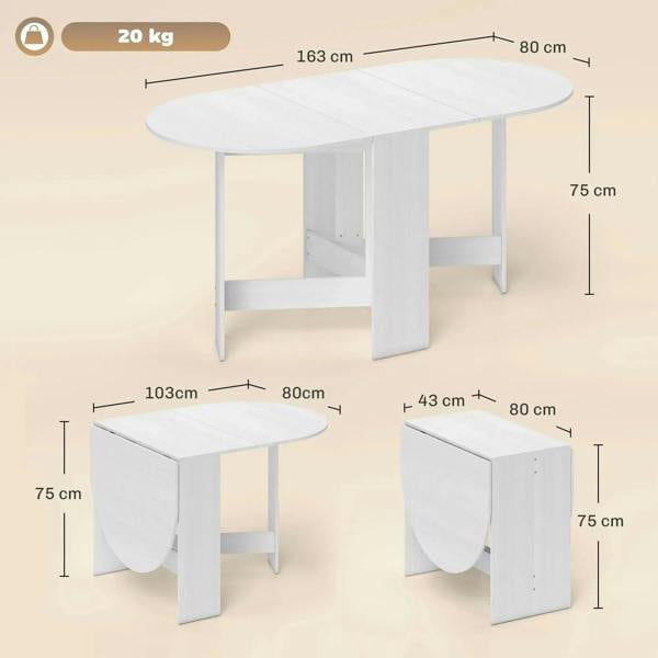 White oval drop-leaf folding dining table with size diagram and measurements