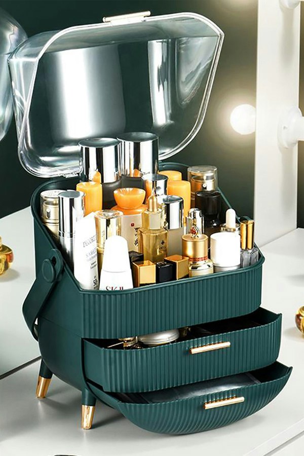 Living and Home Cosmetic Organizer Skincare Display Box With 2 Layers Of Storage & Transparent Lid Elegant Makeup Storage Box with Drawers & Handle