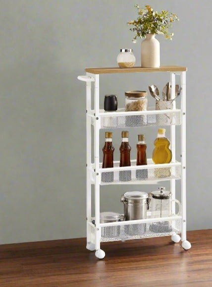 Modcraft Slim 4-Tier Kitchen Storage Trolley with Wheels – Oak & White, Narrow Rolling Cart for Small Spaces